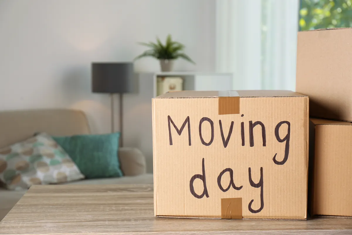 Moving day box packed for a move from California to Texas