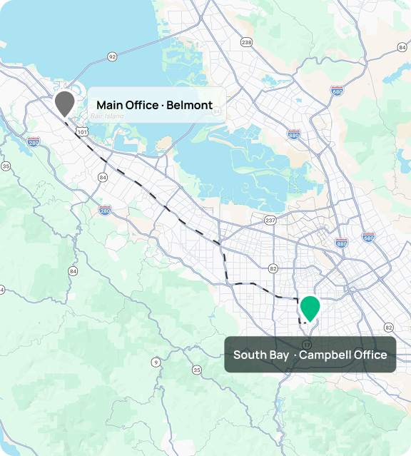 Map of CEO Moving offices: main office in Belmont and South Bay office in Campbell, CA