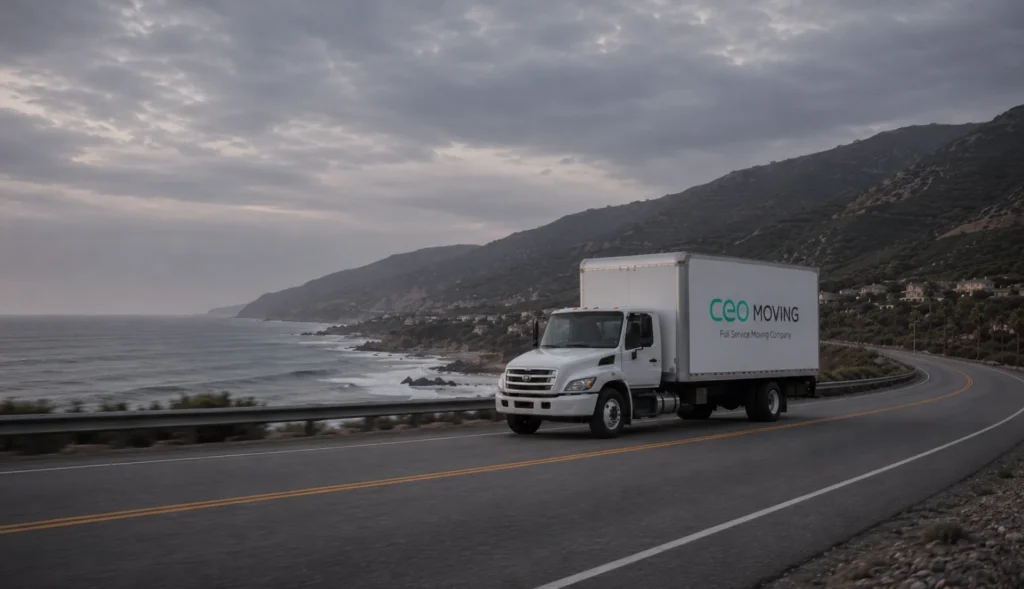 CEO Moving truck driving along a California coastal highway on a long-distance move